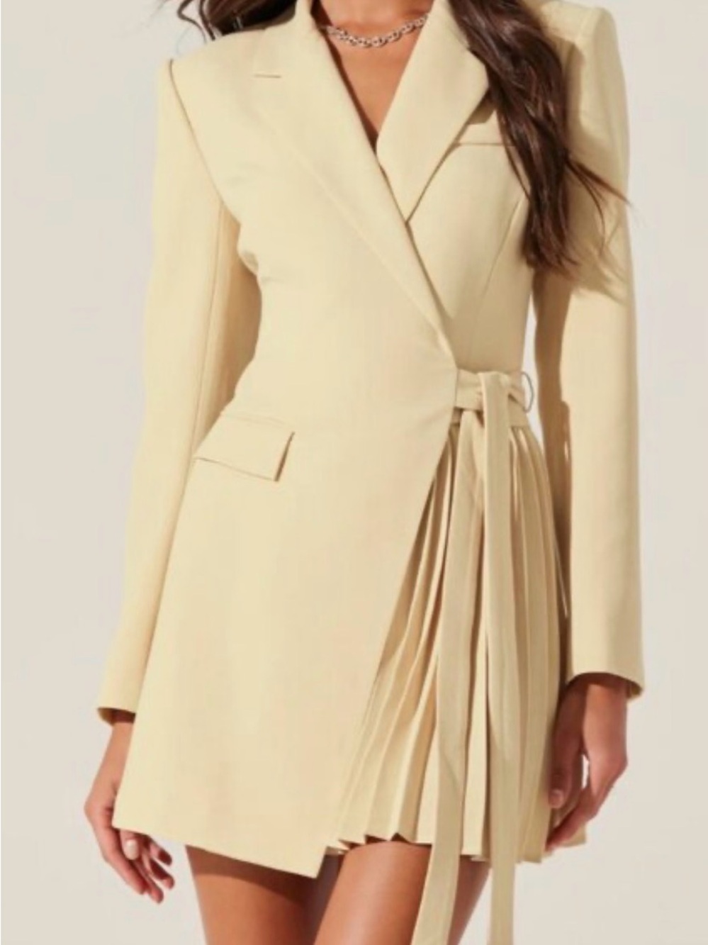 Astr Cream Tie-Waist Pleated Blazer Dress